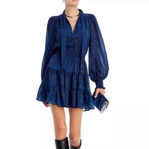 NWT Aqua x Bloomingdale’s Ruffled Tiered Dress, Blue Pattern, Size XS
